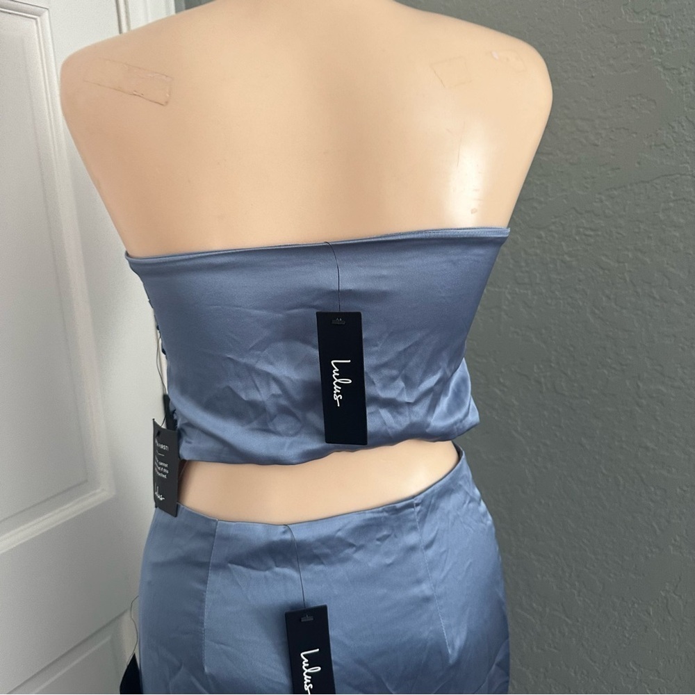 LULU’S DEMURE SWEETIE SATIN STRAPLESS TWO PIECE MIDI DRESS - Picture 11 of 13